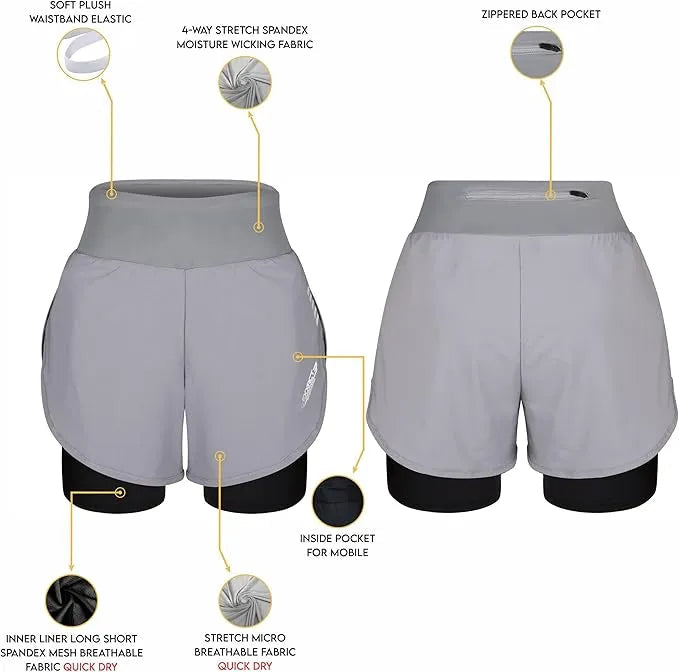 Women's 2 in 1 Athletic Shorts with Compression Liner (Gray)