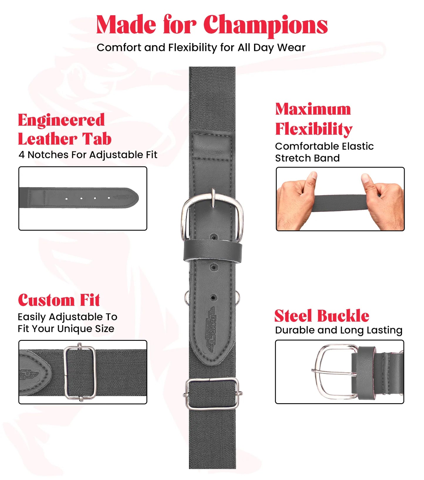 Baseball Socks and Belt Combo Set for Boys & Girls, Adult and Youth Sizes (Charcoal)