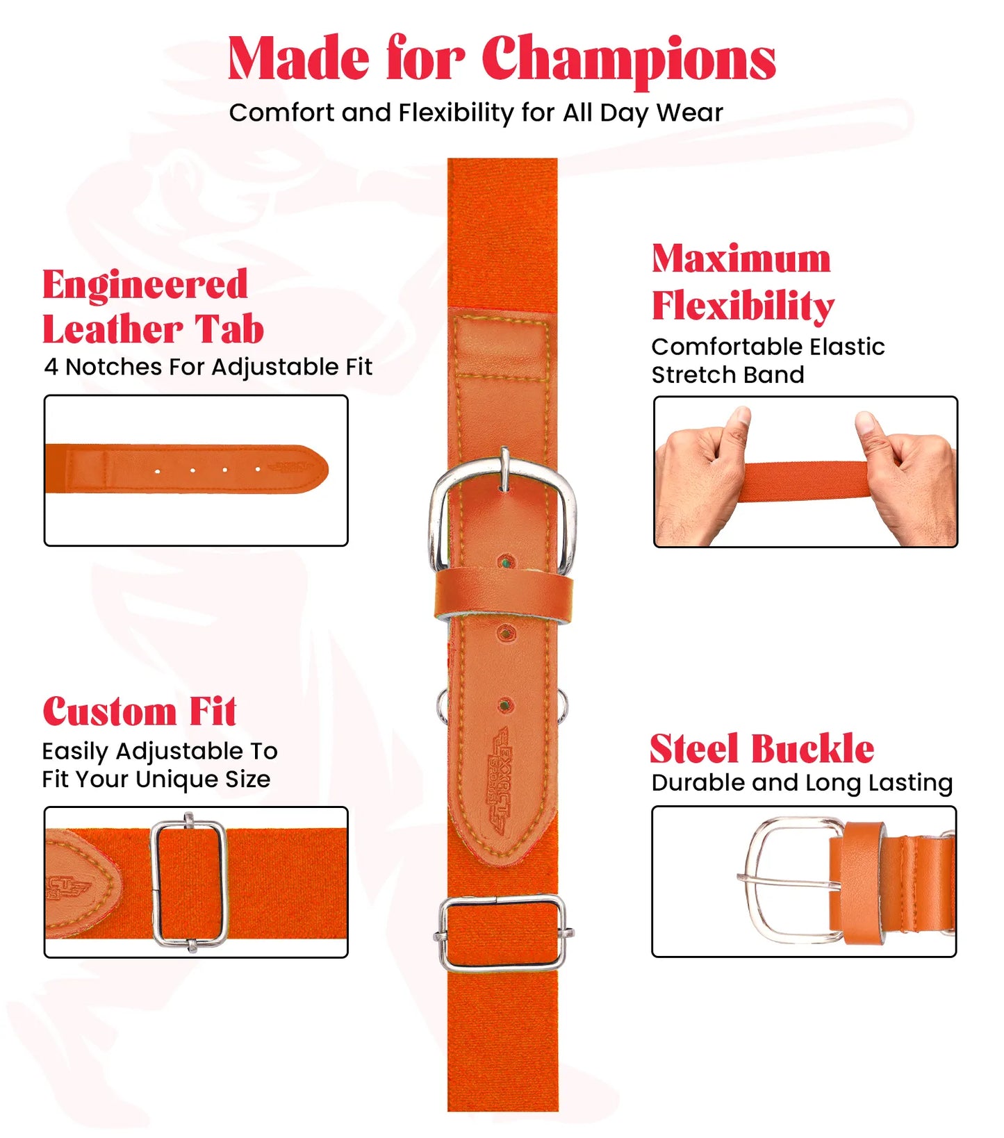 Baseball Socks and Belt Combo Set for Boys & Girls, Adult and Youth Sizes (Orange)
