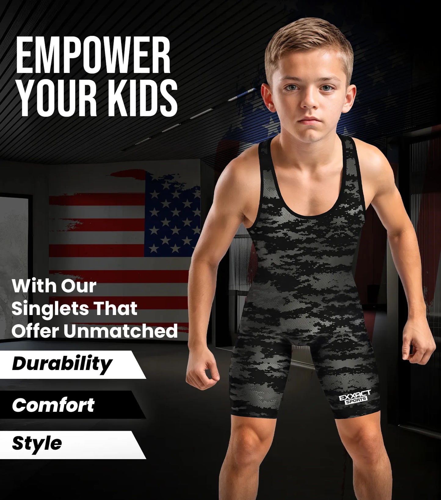 Boys Youth Camouflage Wrestling Singlets (Black Camo)