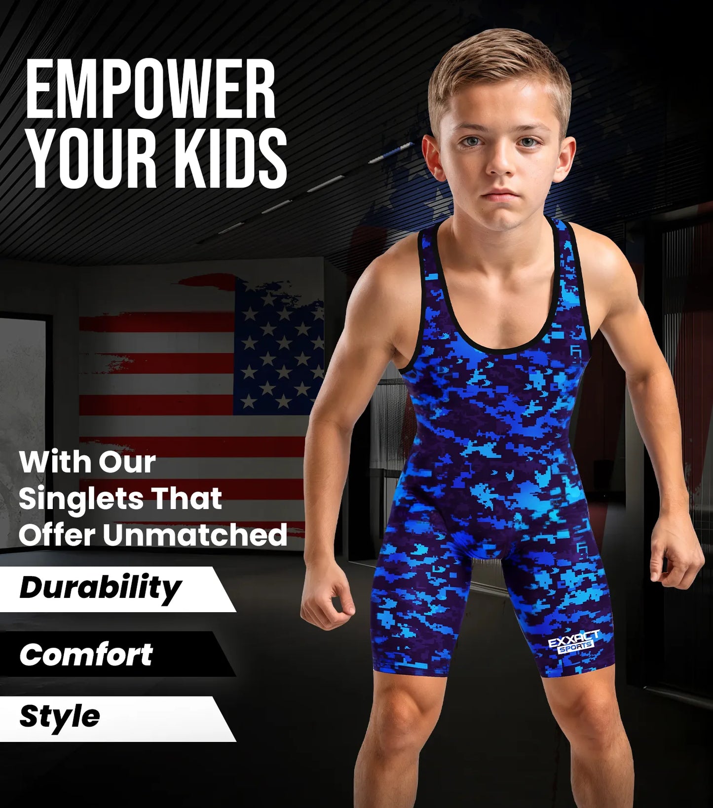 Boys Youth Camouflage Wrestling Singlets (Blue Camo)