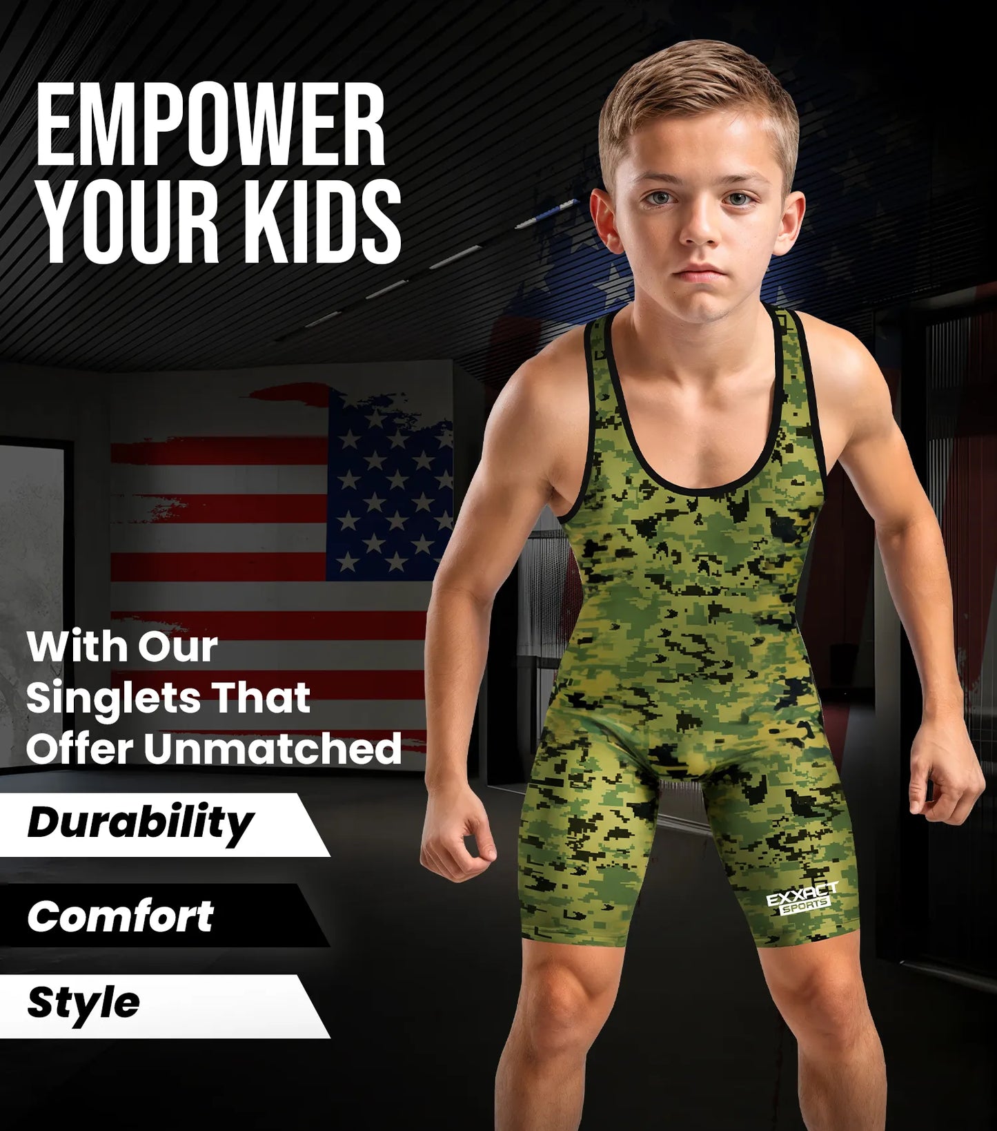 Boys Youth Camouflage Wrestling Singlets (Green Camo)