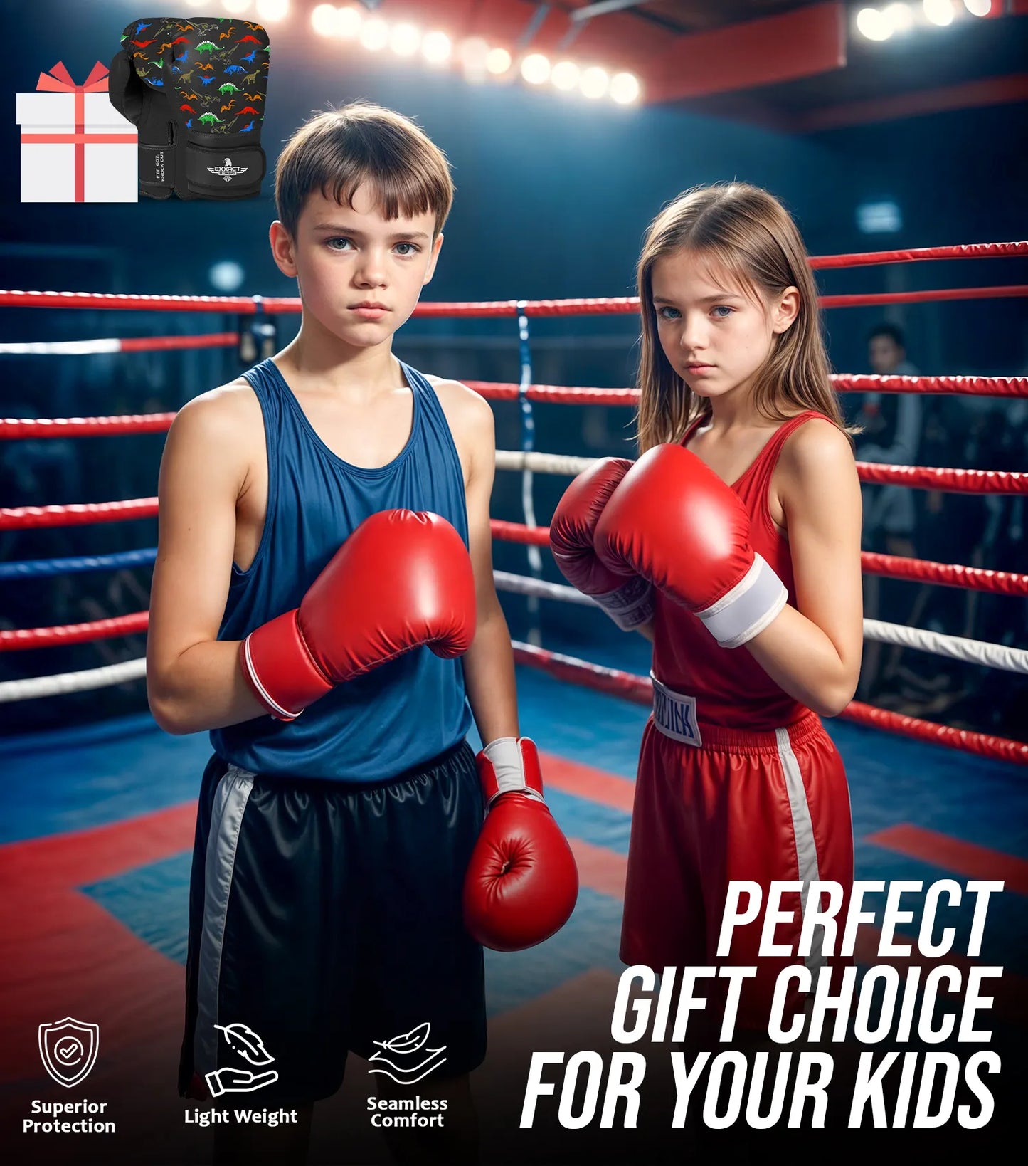 Kids Printed Knockout Boxing Gloves with Padded Protection (Dinosaur)