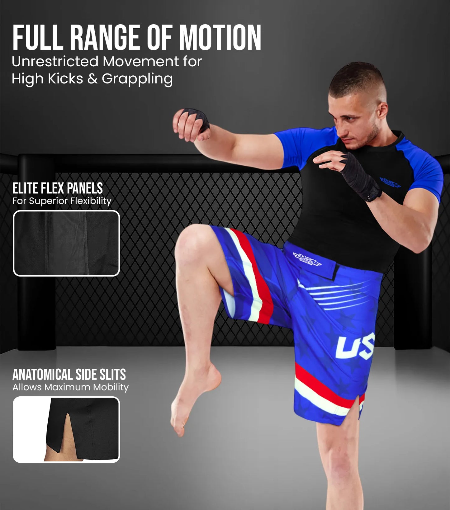 Men's Pro MMA Shorts, No-Gi BJJ Jiu Jitsu Shorts for Boxing, UFC & Cross Training (Royal Blue USA)