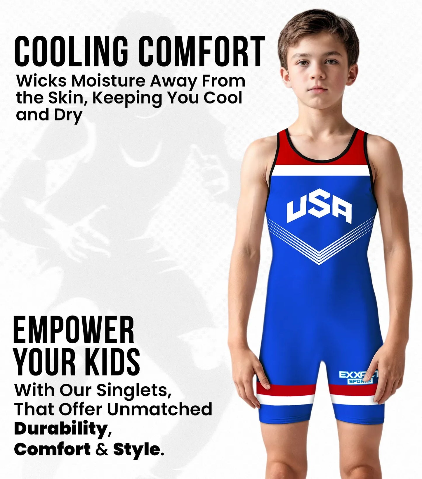 Boys Youth Sublimated Wrestling Singlets (Royal Blue USA)