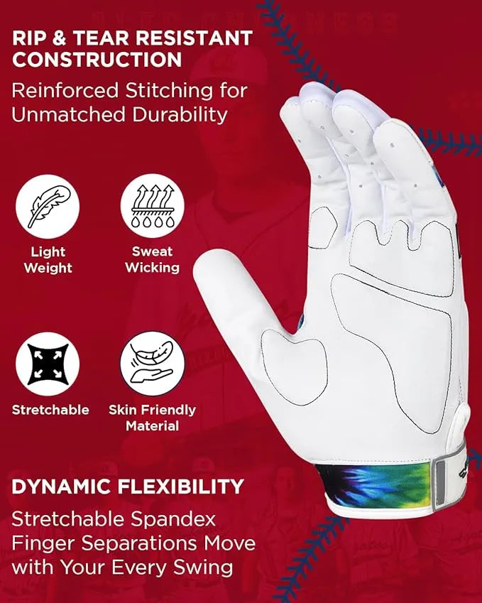 Padded Baseball Batting Gloves for Men & Women (Tie Dye)