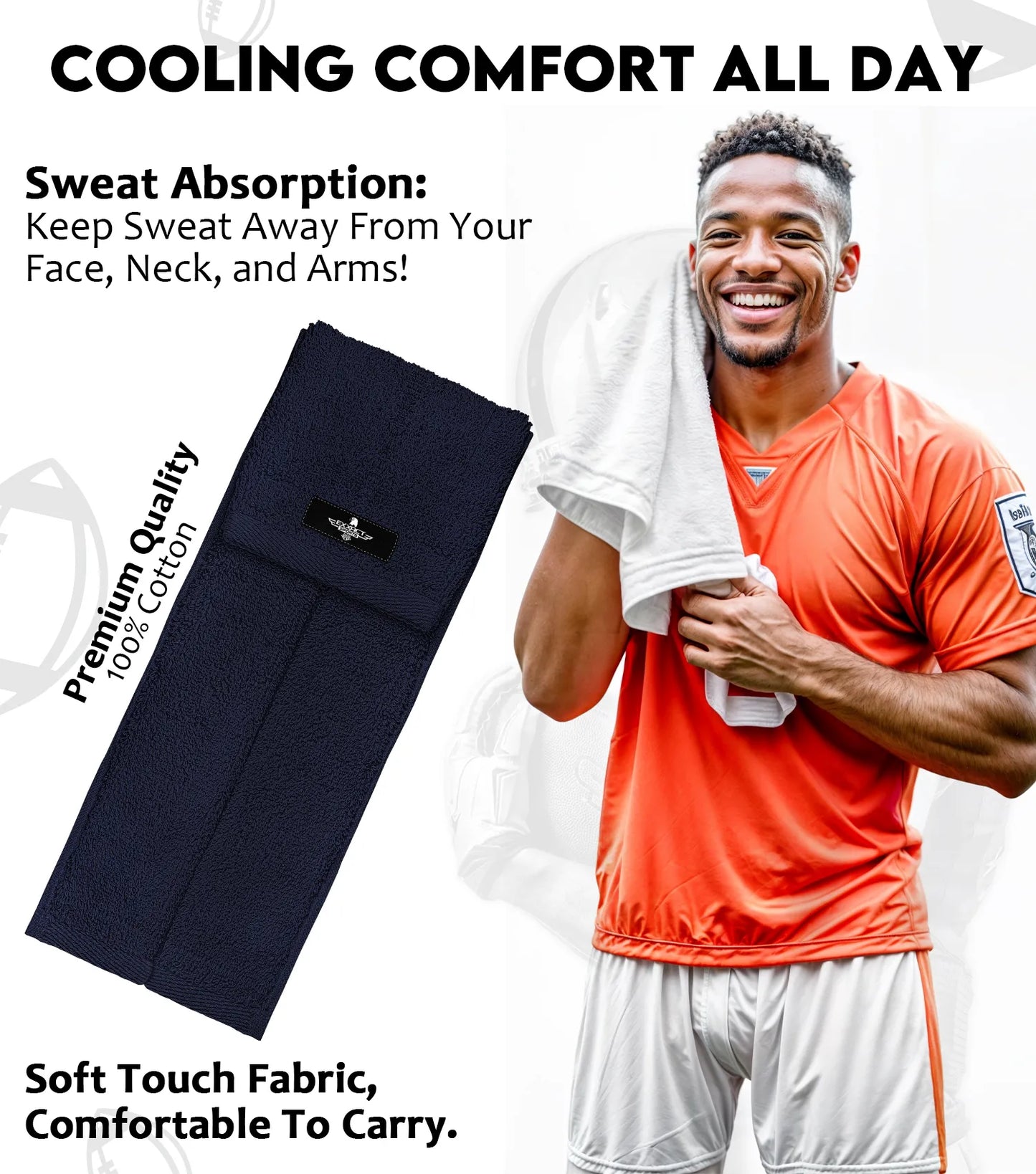 Football Towel with Hook & Loop Fastener, to Clean Hands, Visor and Gloves (Navy)