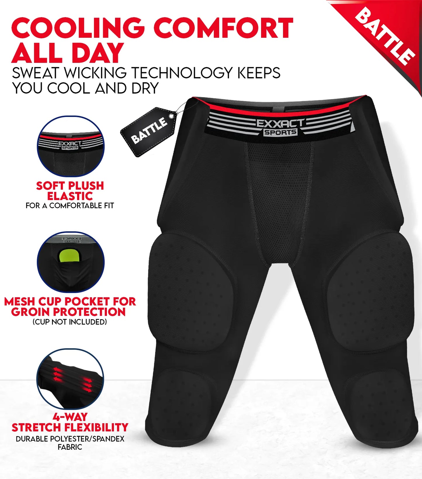 Battle 7-Pad Men's Football Girdle with Cup Pocket Black (Adult)