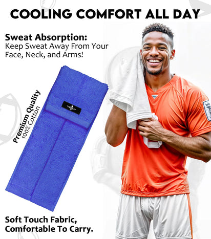 Football Towel with Hook & Loop Fastener, to Clean Hands, Visor and Gloves (Blue)