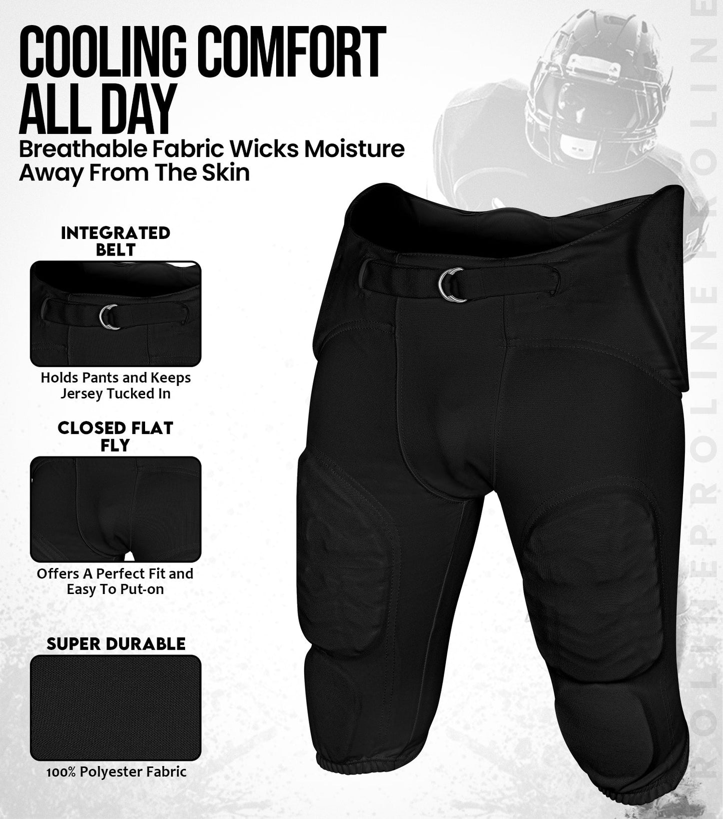 Proline Men's Integrated Football Pants with 7 Flex Pads Black (Adult)