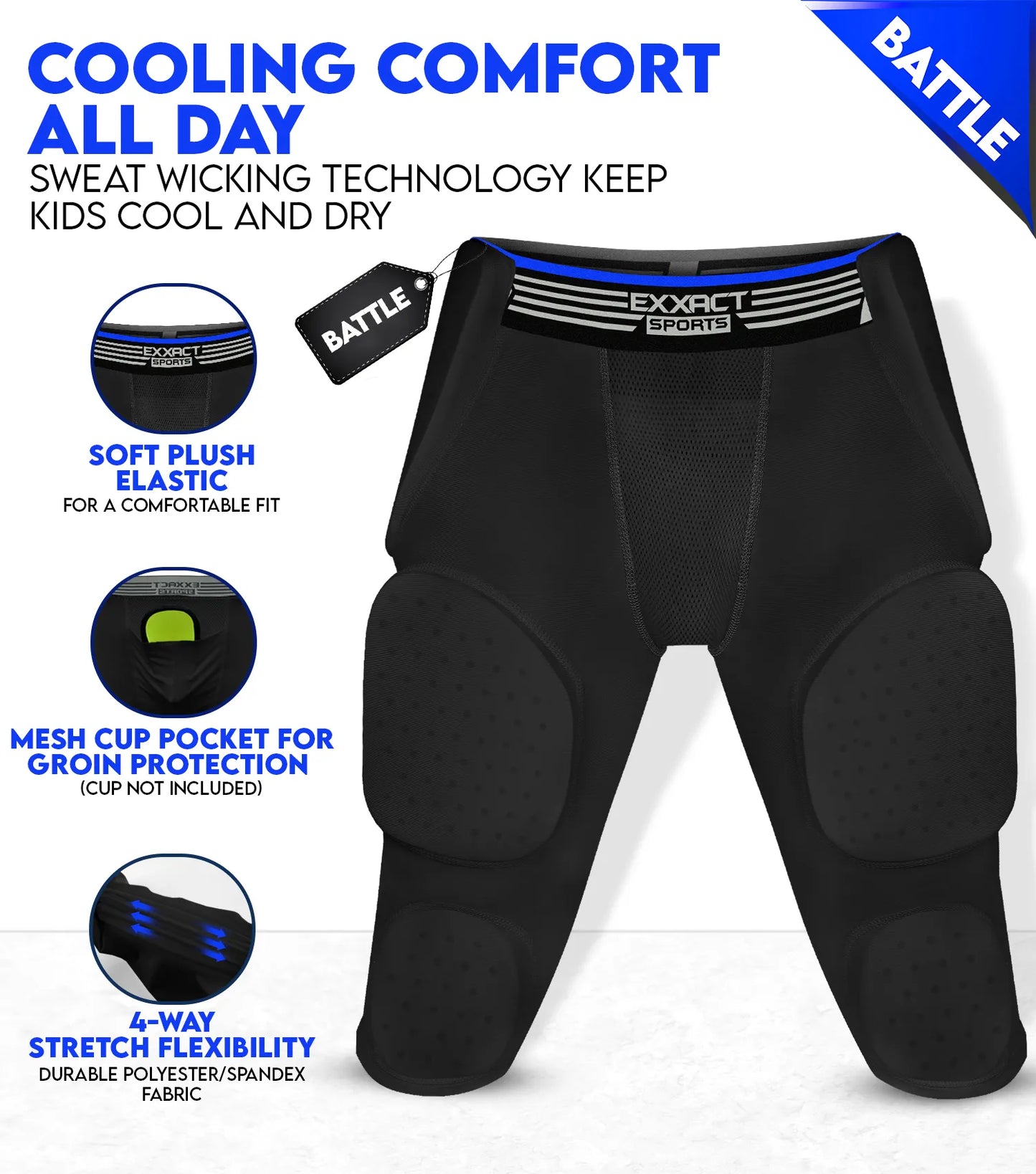Battle 7- Pad Boys Football Girdle with Cup Pocket Black (Youth)