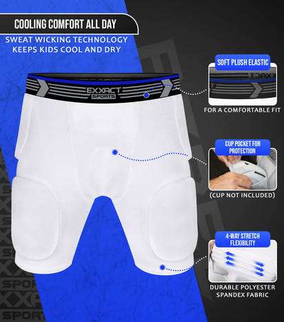 Rebel 5-Pad Boys Football Girdle with Cup Pocket White (Youth)