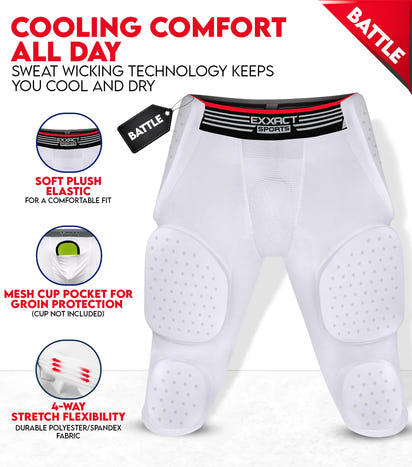 Battle 7-Pad Men's Football Girdle with Cup Pocket White (Adult)