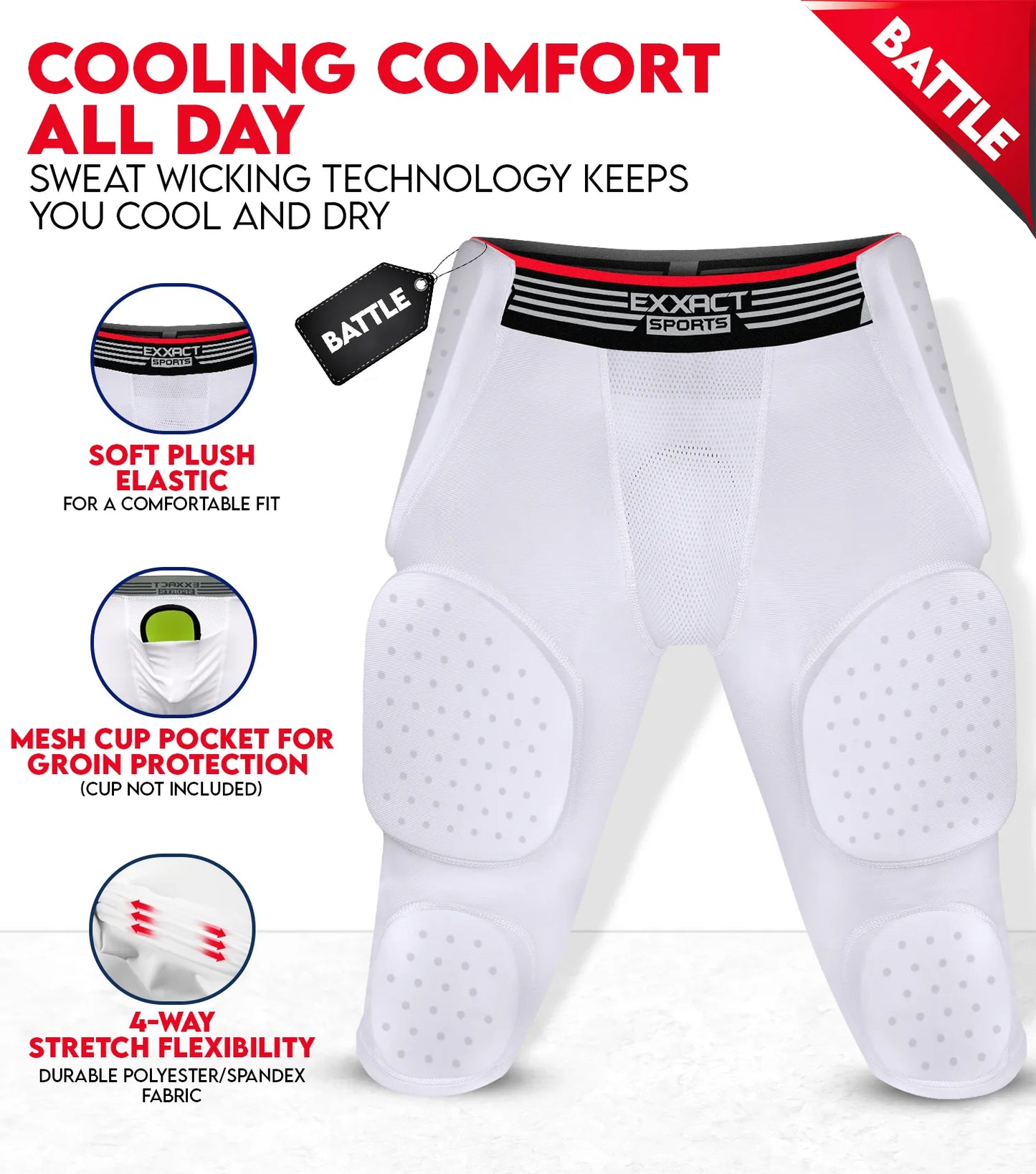 Battle 7-Pad Men's Football Girdle with Cup Pocket White (Adult)