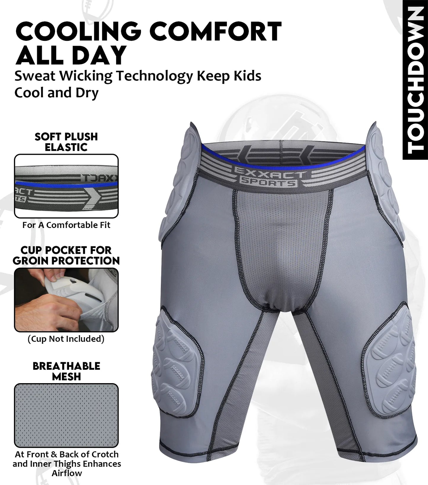 Touchdown 5-Pad Boys Football Girdle with Cup Pocket Gray (Youth)