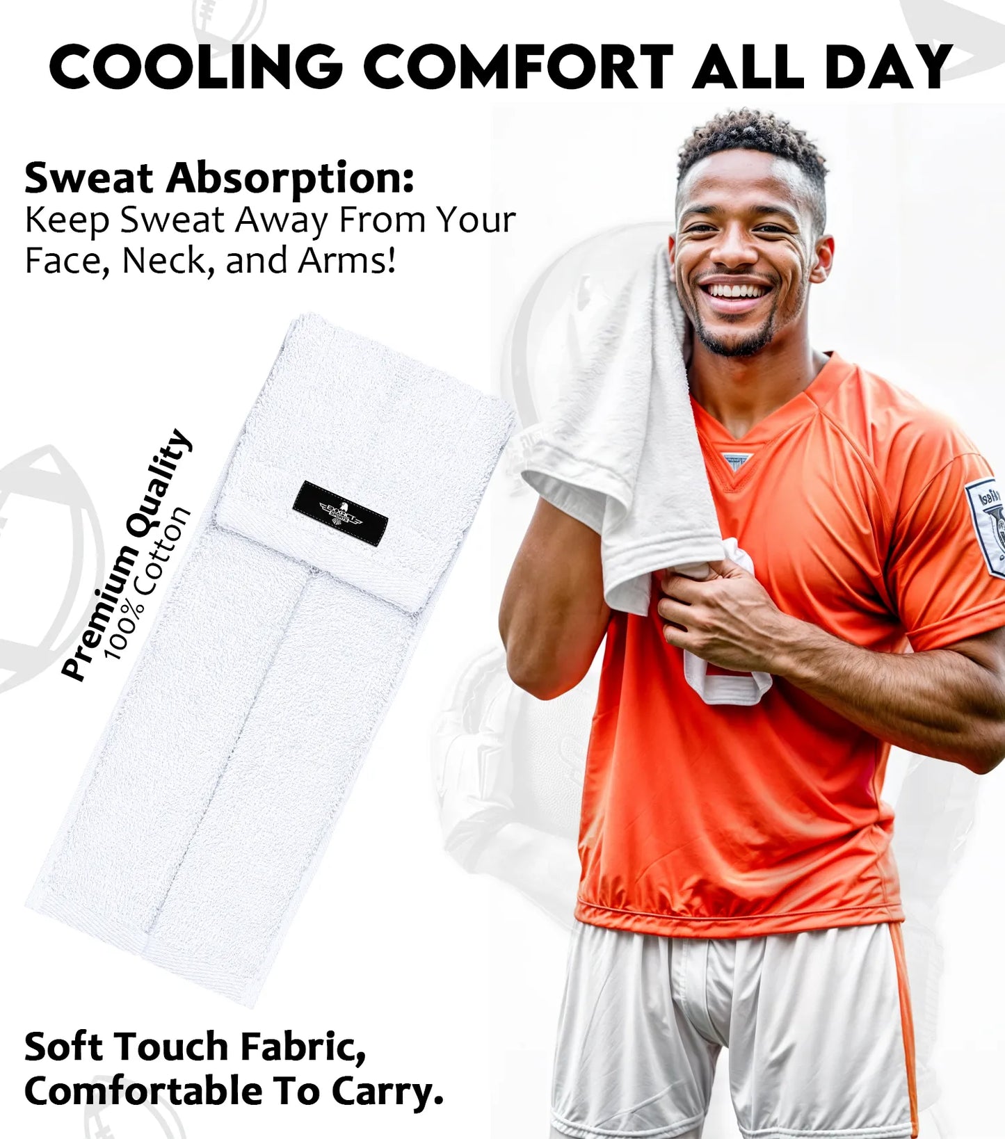 Football Towel with Hook & Loop Fastener, to Clean Hands, Visor and Gloves (White)