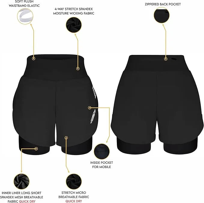 Women's  2 in 1 Athletic Shorts with Compression Liner (Black)