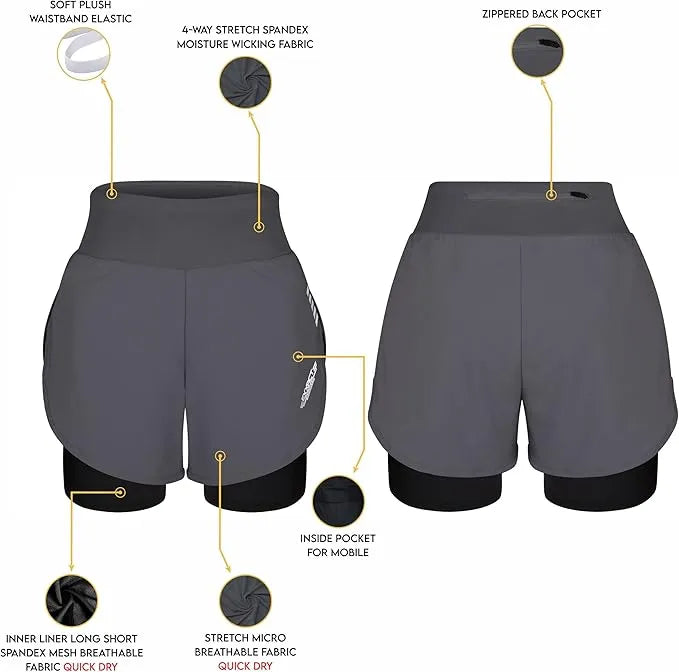 Women's  2 in 1 Athletic Shorts with Compression Liner (Charcoal)