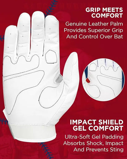 Padded Baseball Batting Gloves for Men & Women (White)