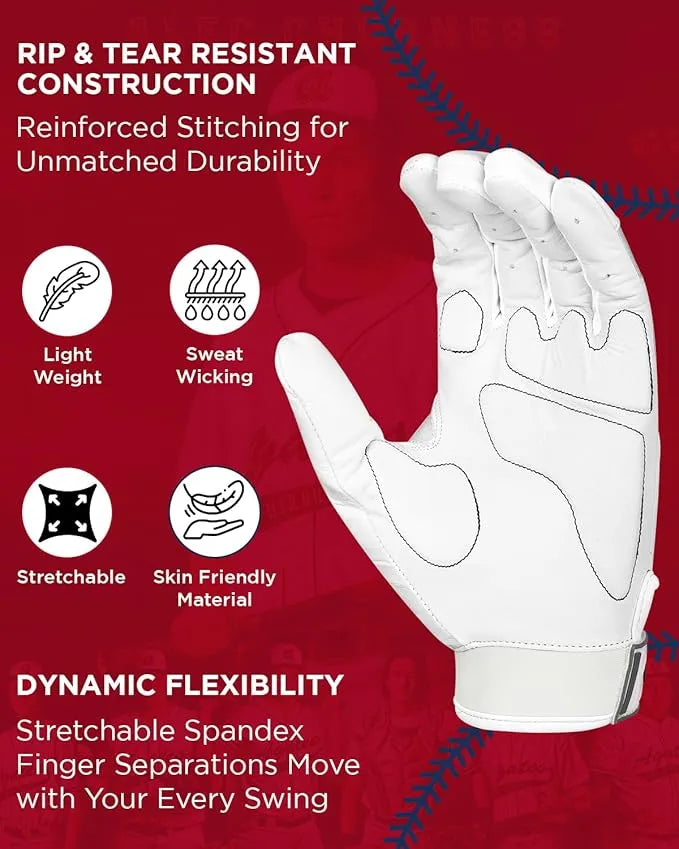 Padded Baseball Batting Gloves for Men & Women (White)