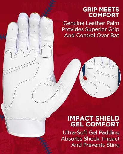 Padded Baseball Batting Gloves for Men & Women (White & Gold)