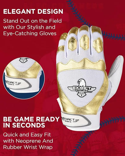 Padded Baseball Batting Gloves for Men & Women (White & Gold)