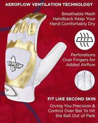 Padded Baseball Batting Gloves for Men & Women (White & Gold)