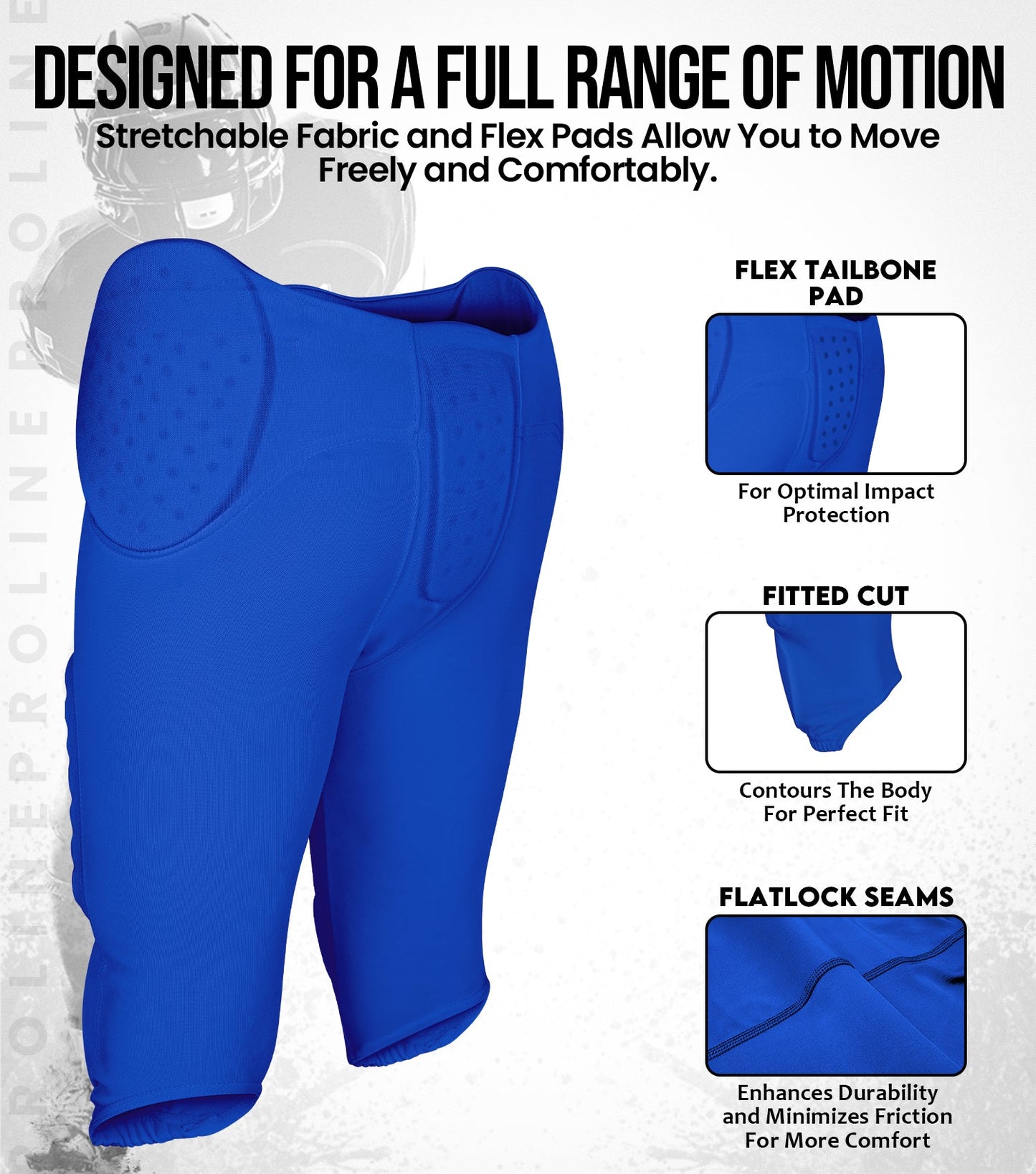 Proline Men's Integrated Football Pants with 7 Flex Pads Royal Blue (Adult)