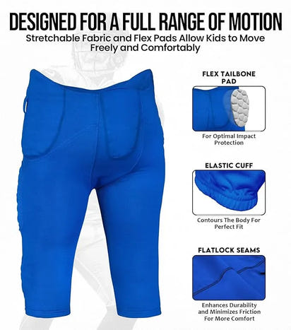 Rebel Boys Integrated Football Pants with Built-in Pads Royal Blue (Youth)
