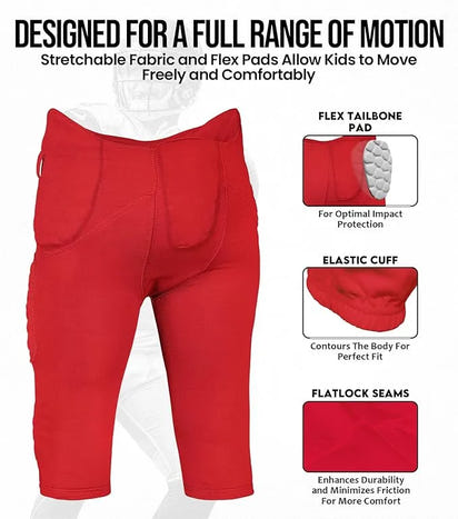 Rebel Boys Integrated Football Pants with Built-in Pads Red (Youth)
