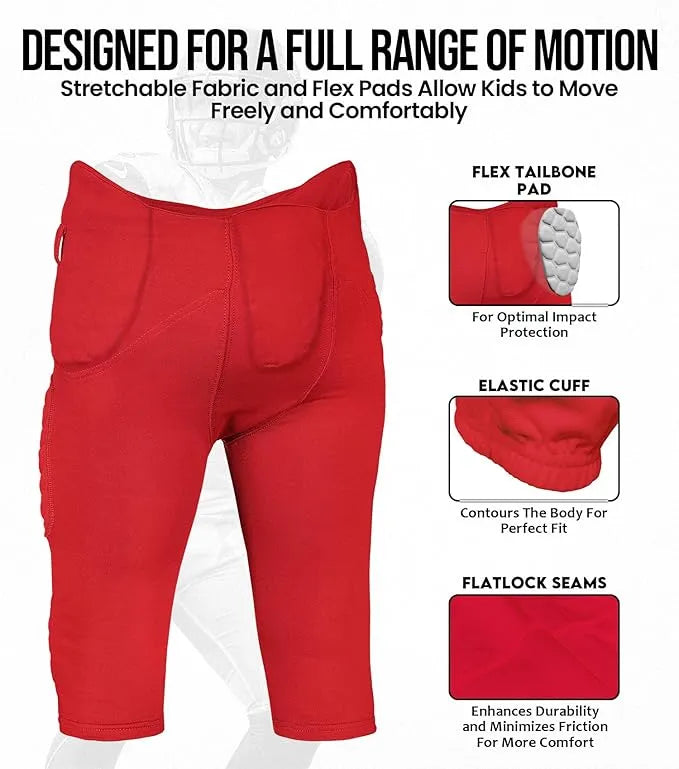 Rebel Boys Integrated Football Pants with Built-in Pads Red (Youth)