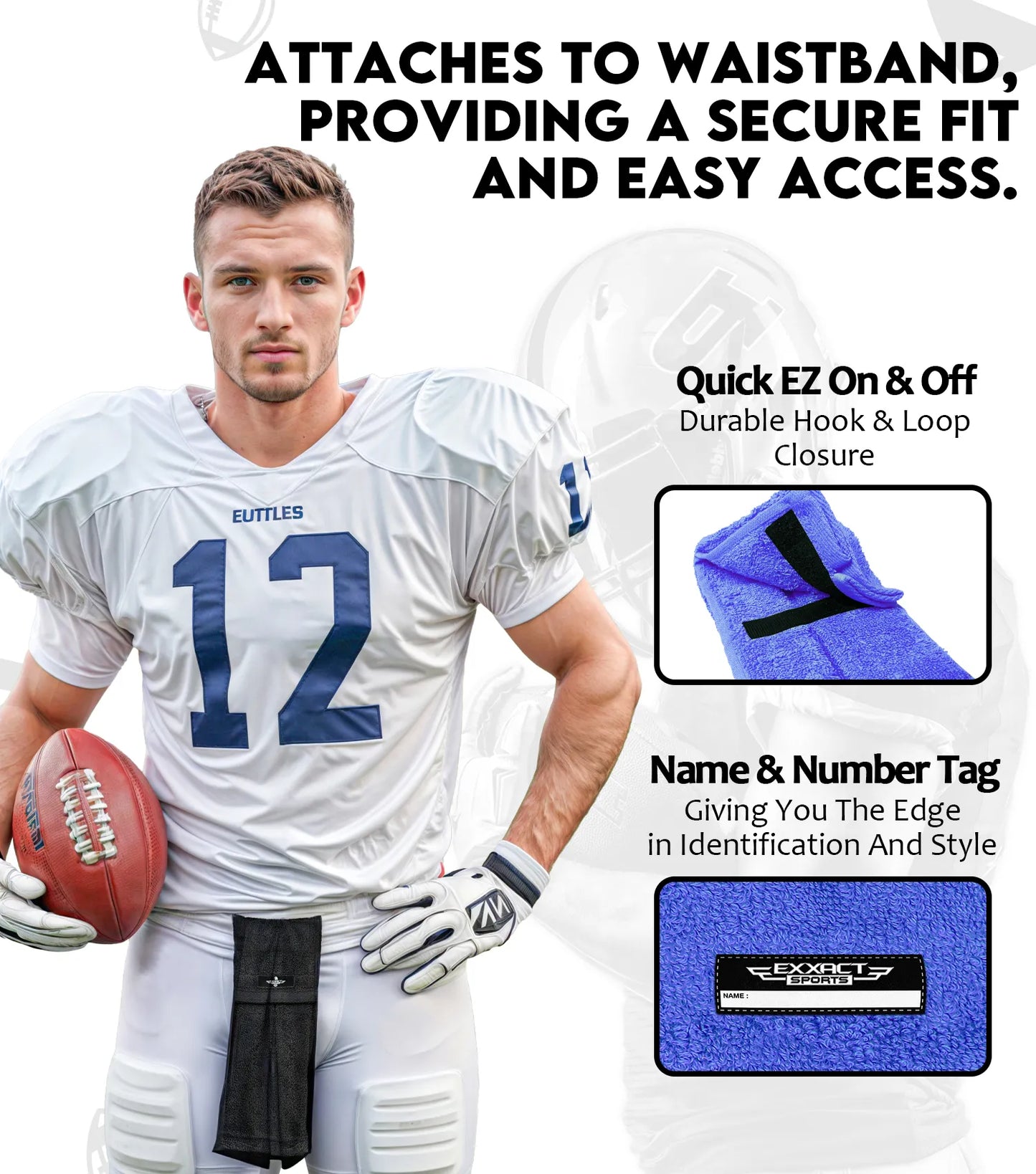 Football Towel with Hook & Loop Fastener, to Clean Hands, Visor and Gloves (Blue)