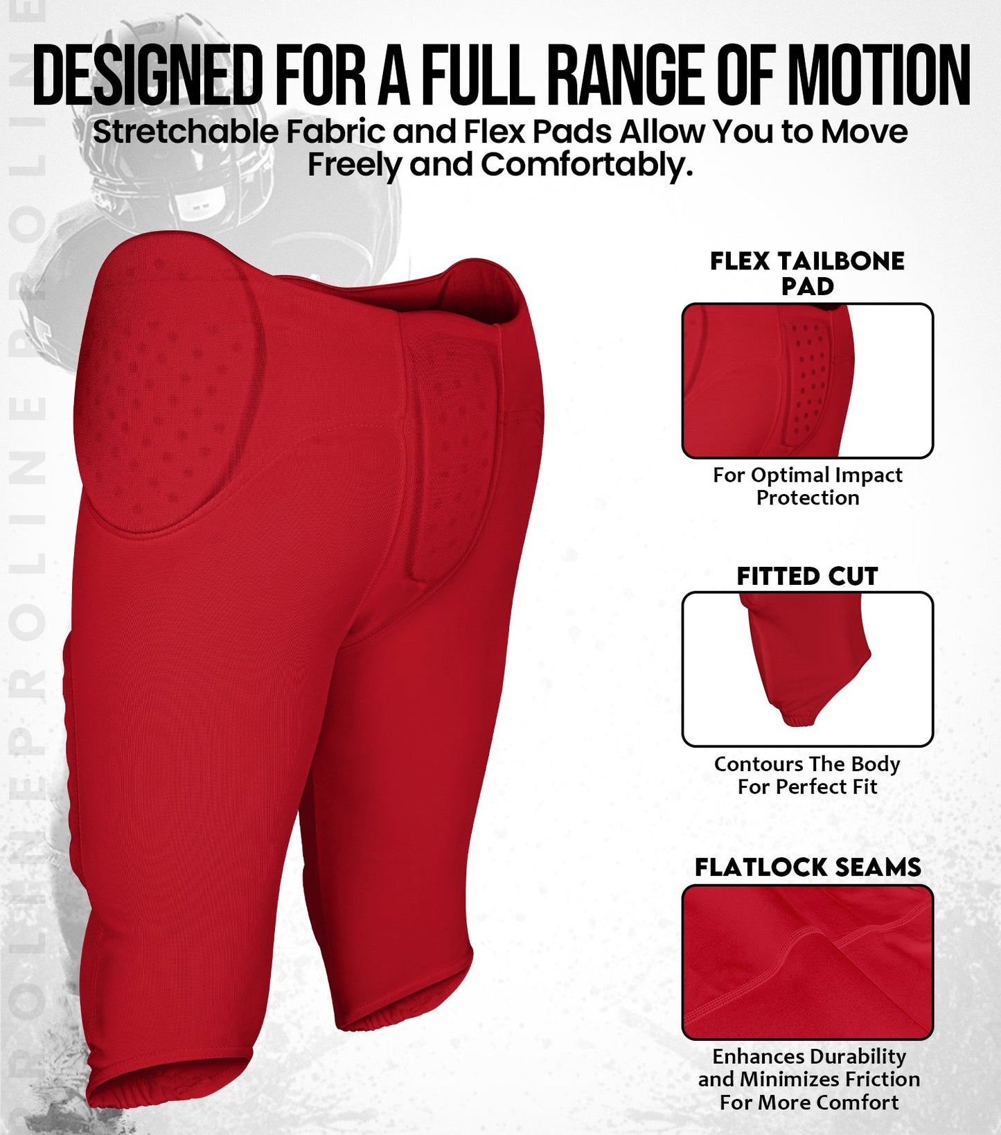 Proline Men's Integrated Football Pants with 7 Flex Pads Red (Adult)