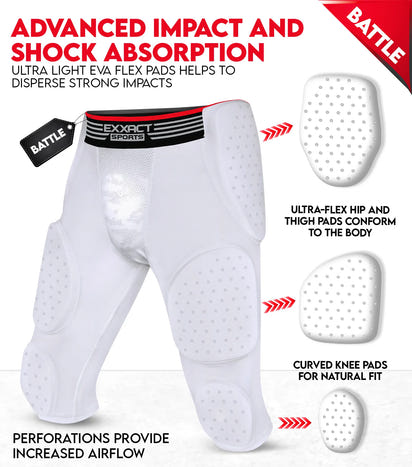 Battle 7-Pad Men's Football Girdle with Cup Pocket White (Adult)