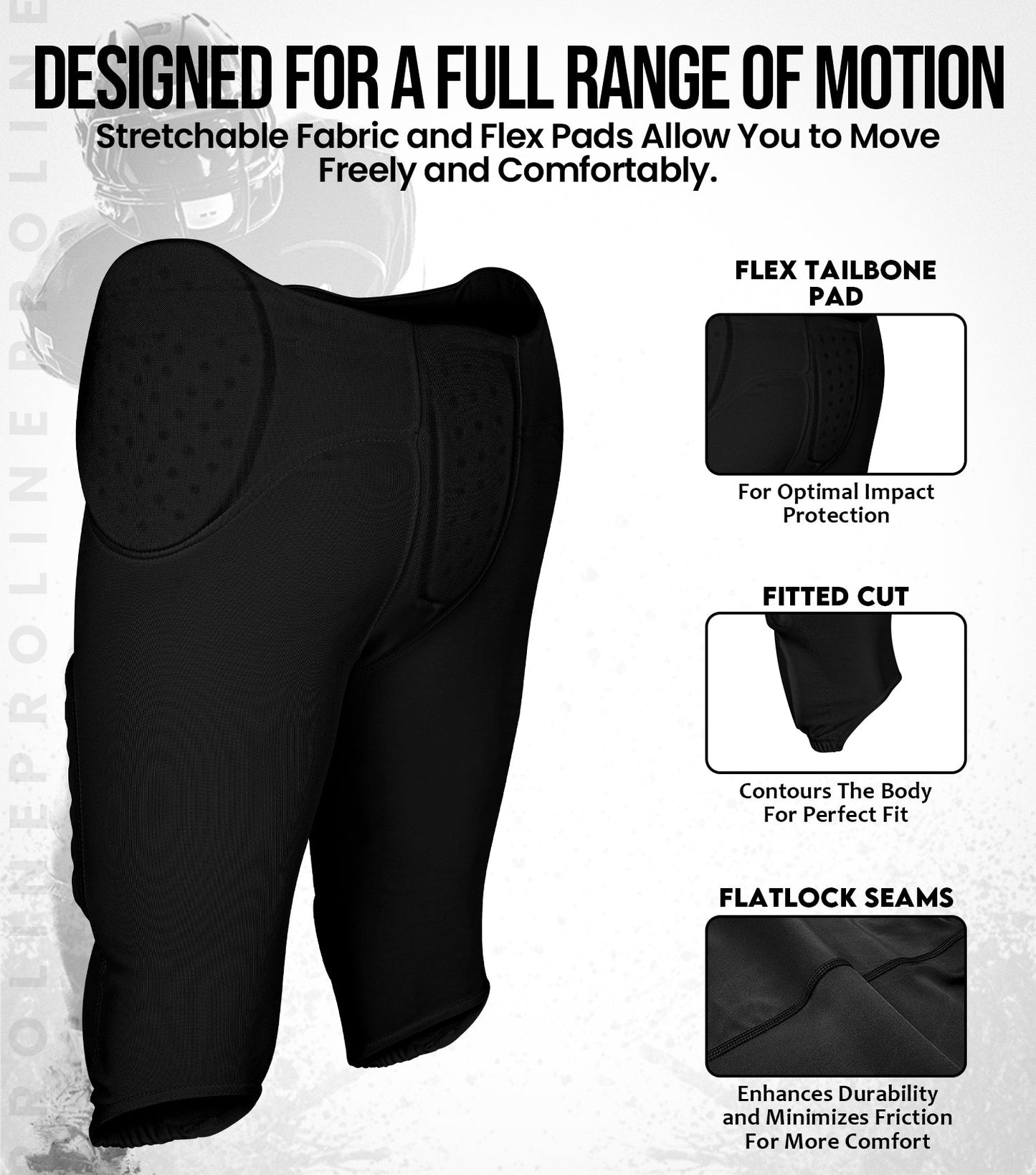 Proline Men's Integrated Football Pants with 7 Flex Pads Black (Adult)