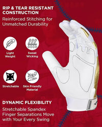 Padded Baseball Batting Gloves for Men & Women (White & Gold)