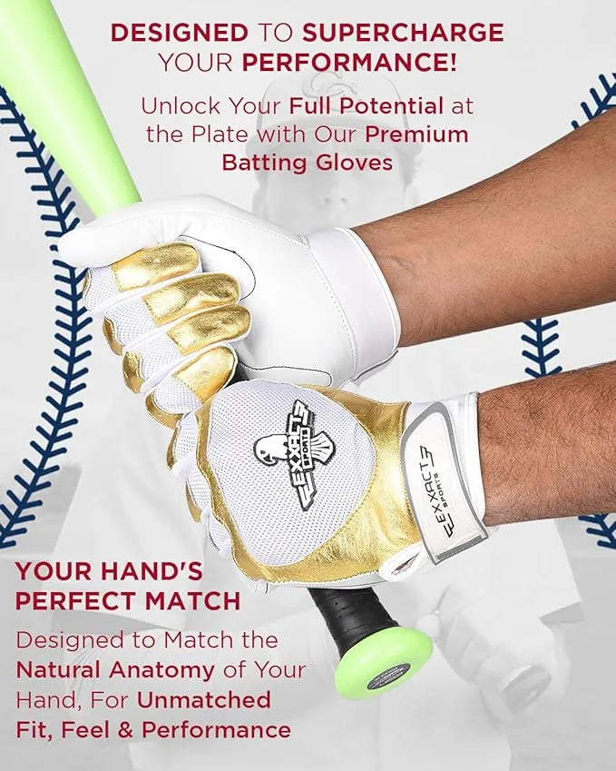 Padded Baseball Batting Gloves for Men & Women (White & Gold)
