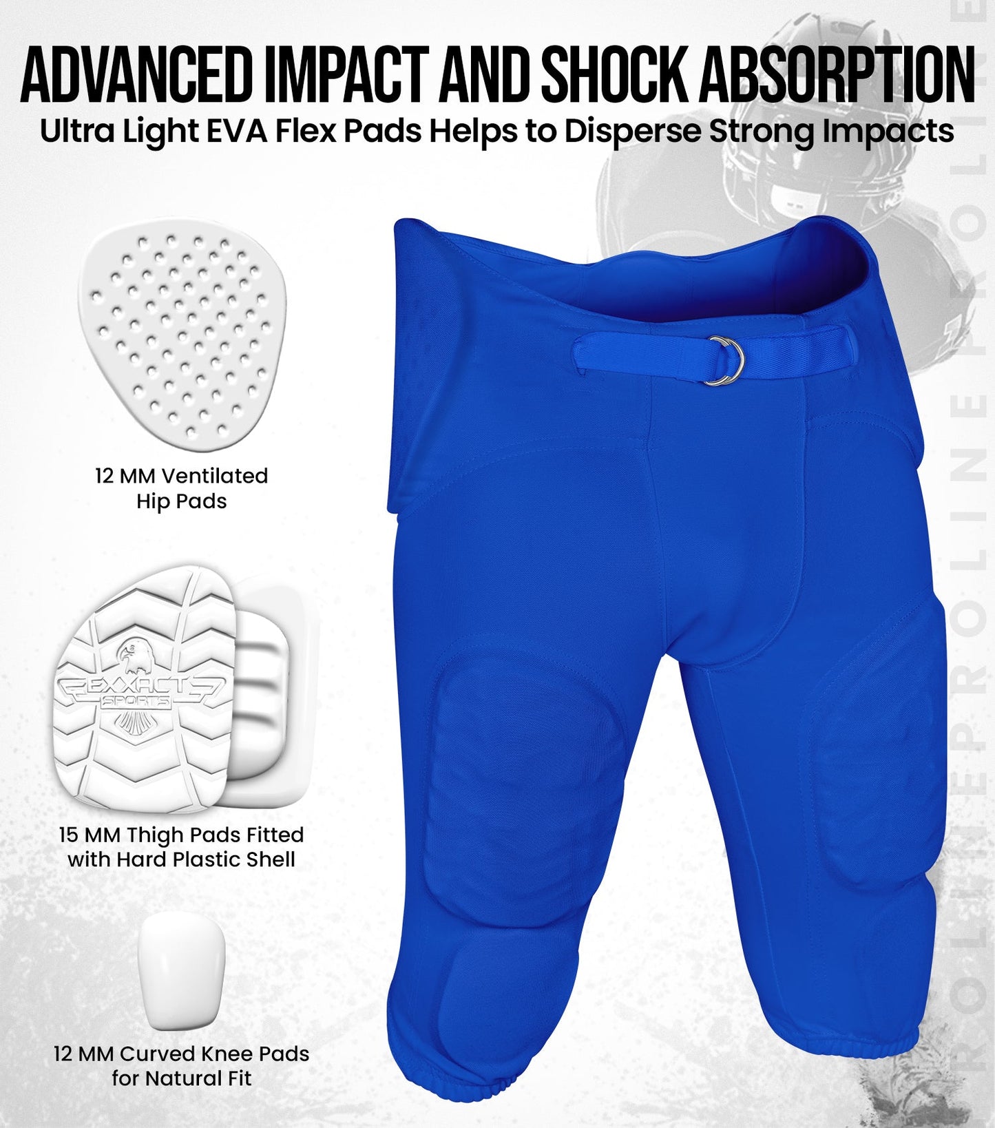 Proline Men's Integrated Football Pants with 7 Flex Pads Royal Blue (Adult)
