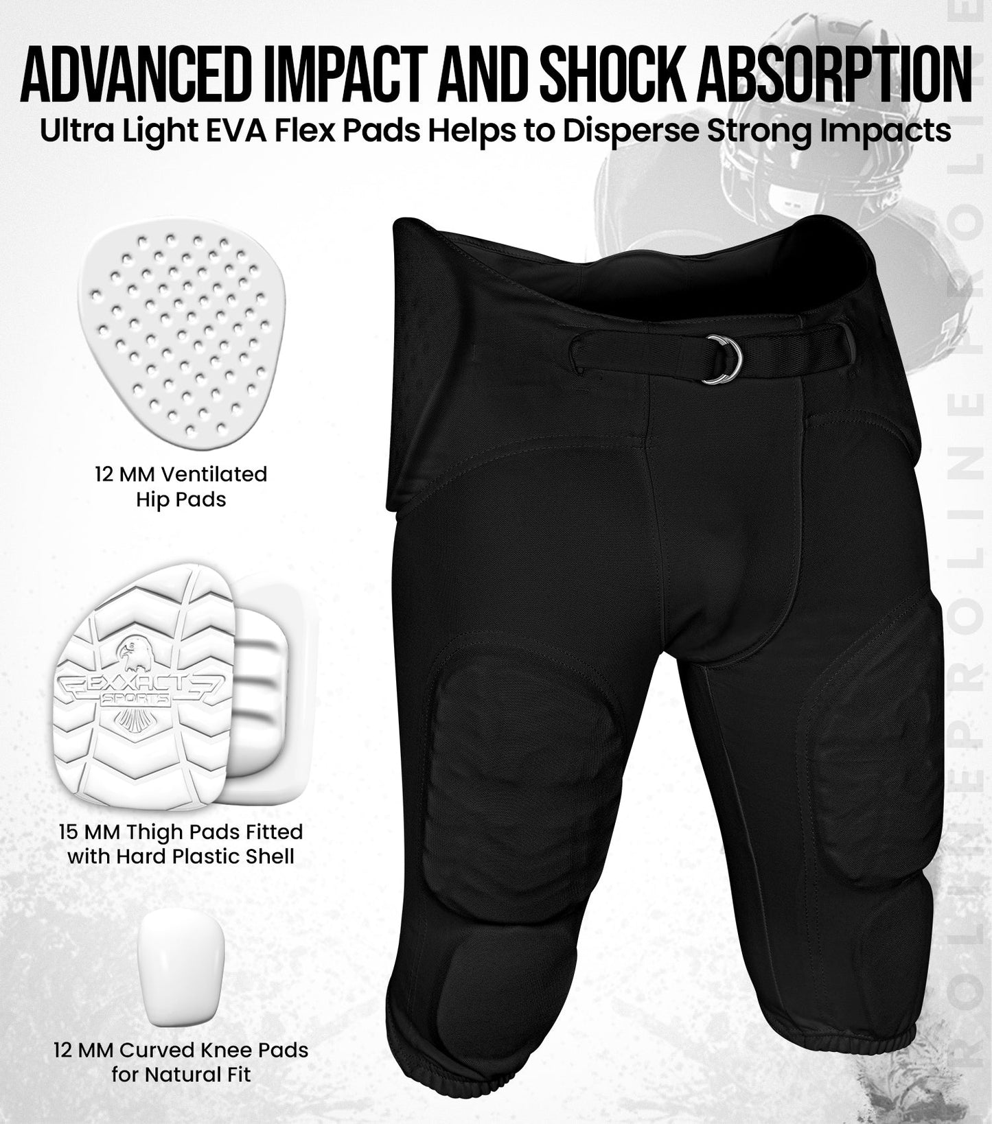 Proline Men's Integrated Football Pants with 7 Flex Pads Black (Adult)