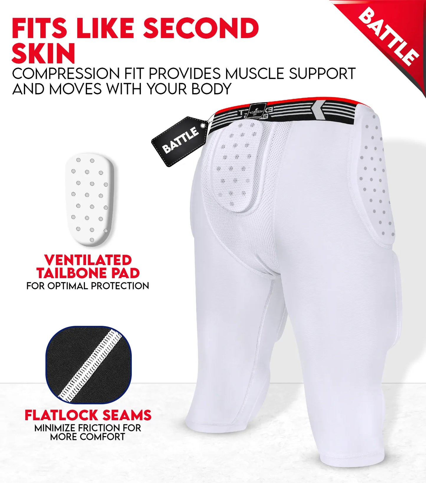 Battle 7-Pad Men's Football Girdle with Cup Pocket White (Adult)