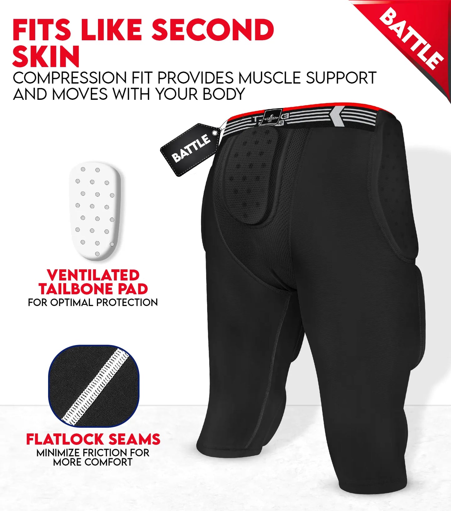 Battle 7-Pad Men's Football Girdle with Cup Pocket Black (Adult)