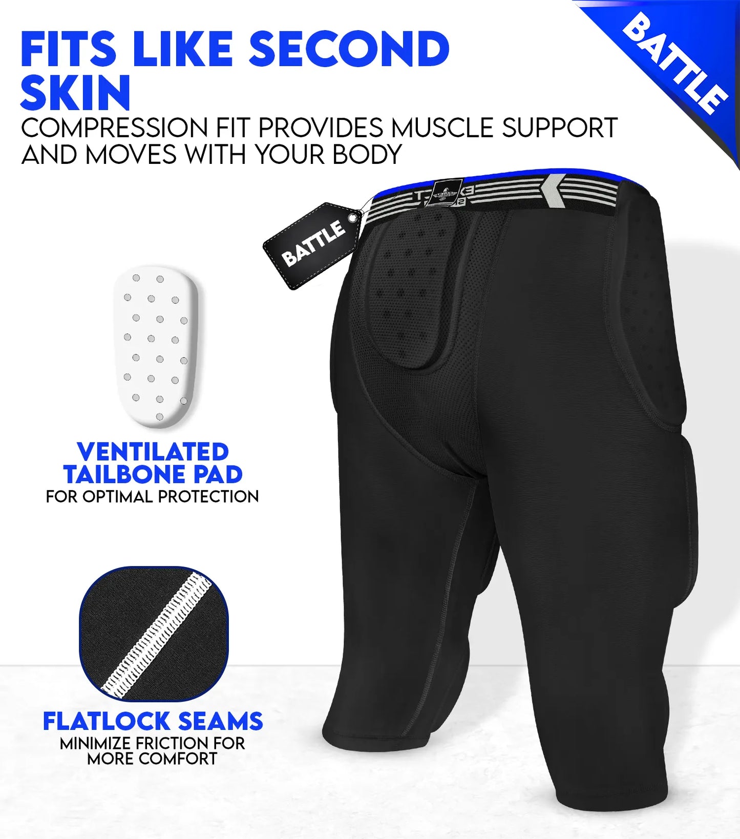 Battle 7- Pad Boys Football Girdle with Cup Pocket Black (Youth)