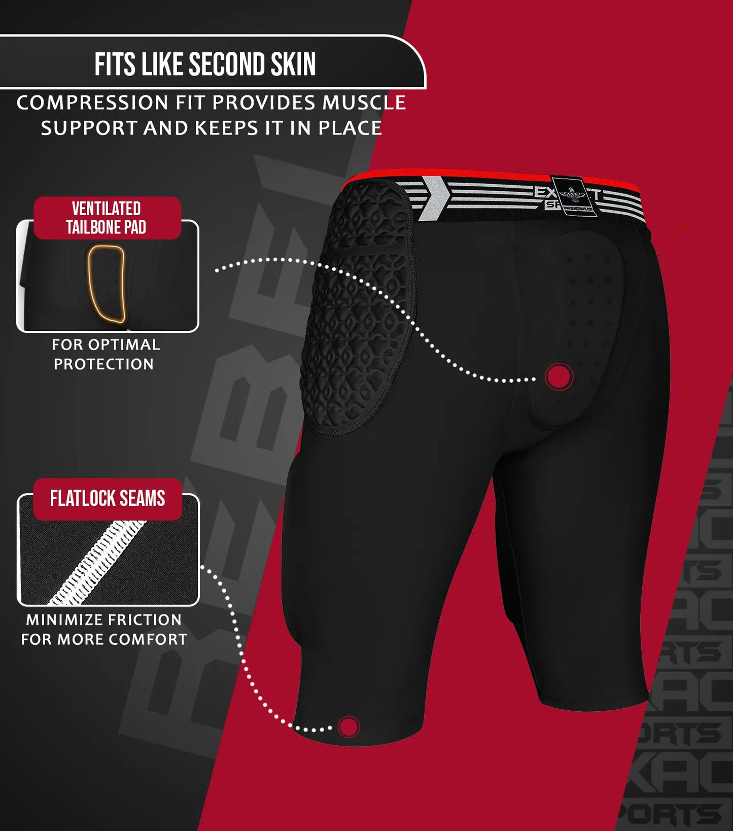 Rebel 5-Pad Men's Football Girdle with Cup Pocket Black (Adult)