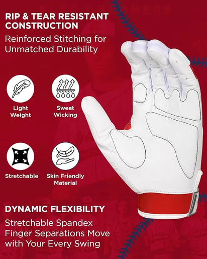 Padded Baseball Batting Gloves for Men & Women (Red)