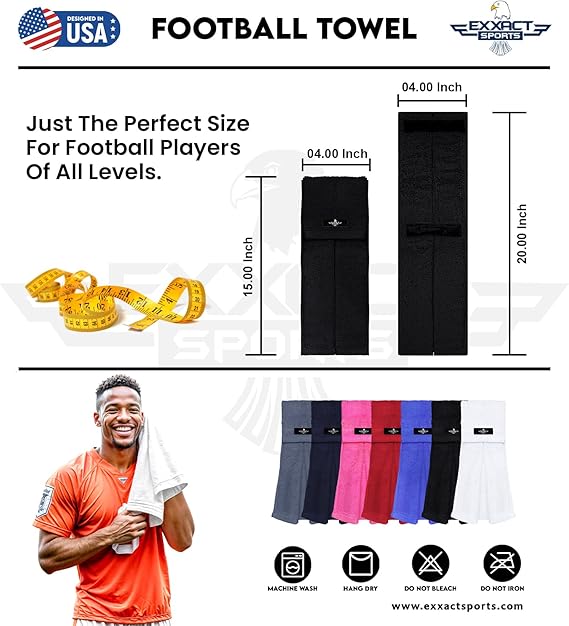 Football Towel with Hook & Loop Fastener, to Clean Hands, Visor and Gloves (Black)