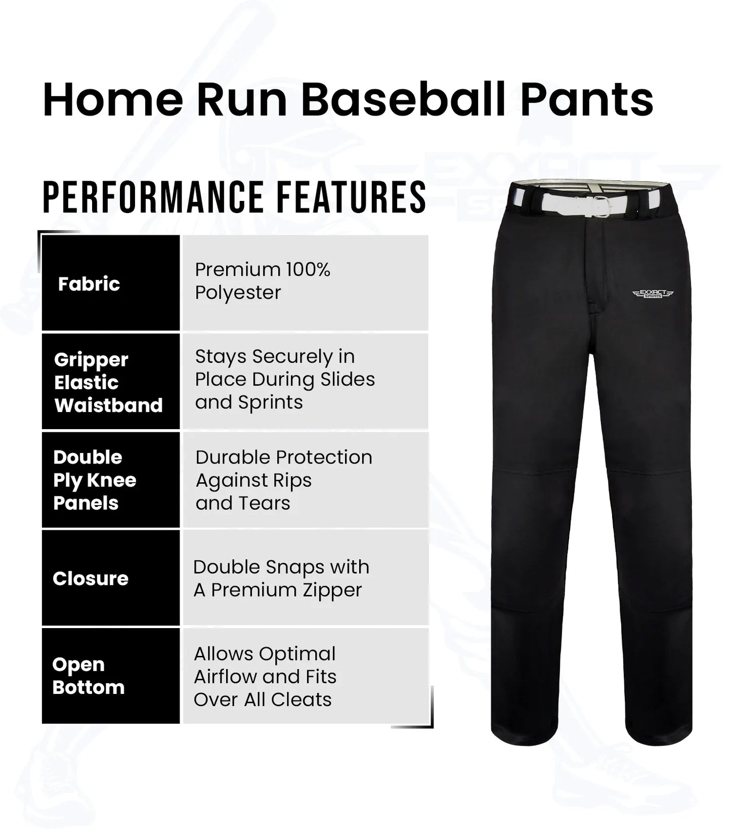 Homerun Youth Full Length Baseball Pants Without Piping (Black)