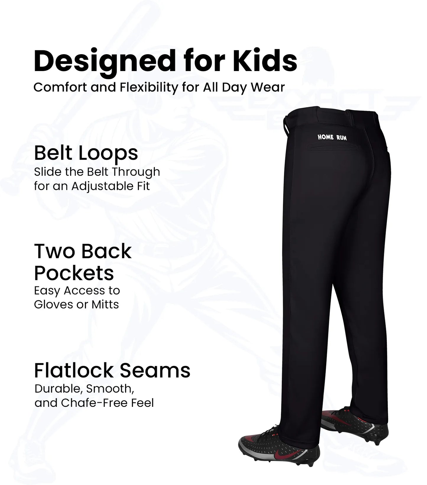 Homerun Youth Full Length Baseball Pants Without Piping (Black)