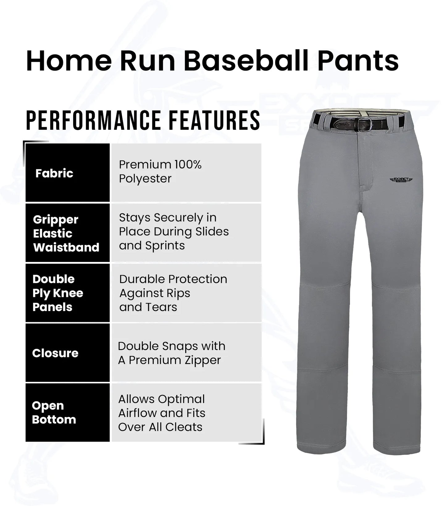 Homerun Youth Full Length Baseball Pants Without Piping (Gray)