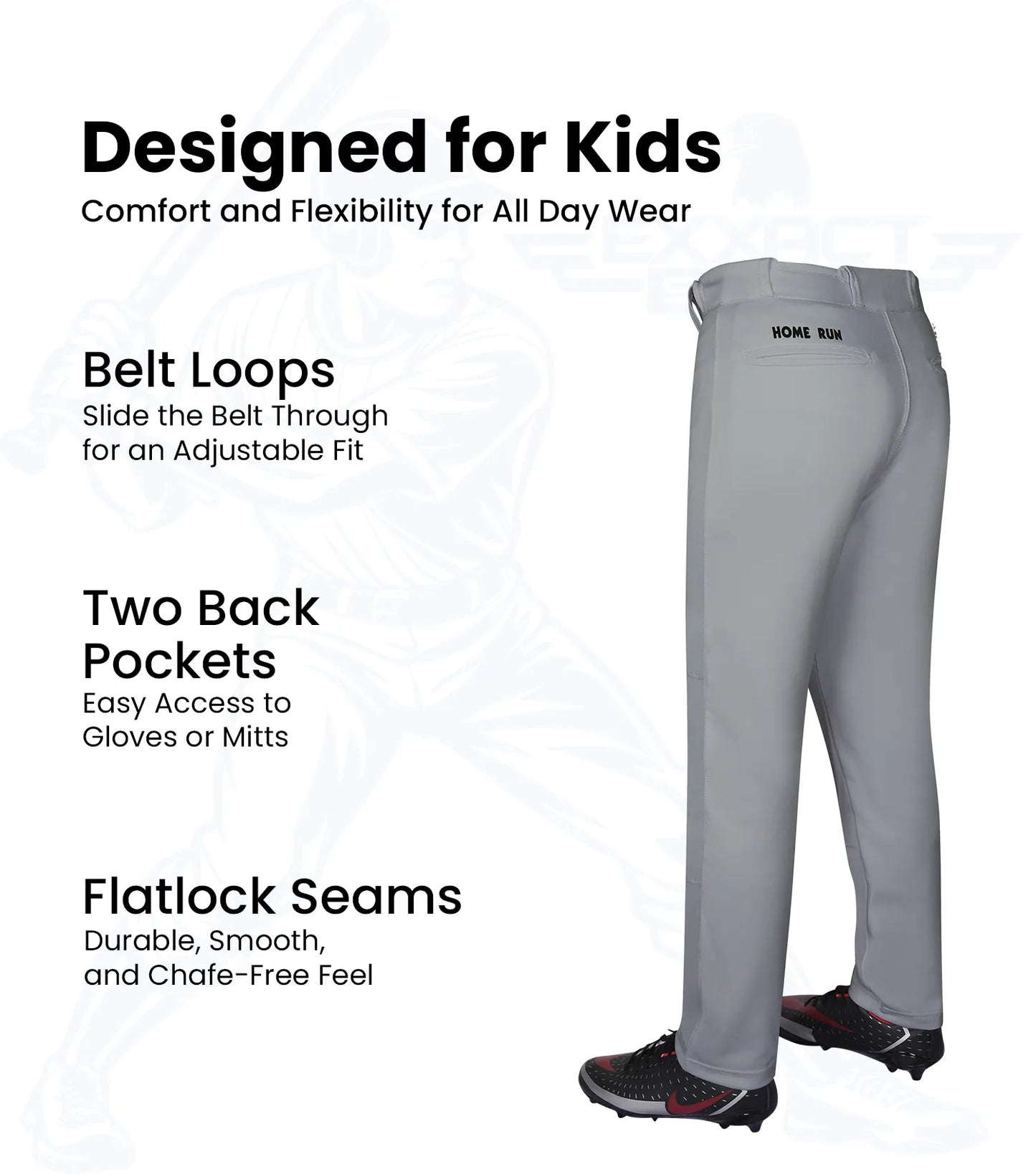Homerun Youth Full Length Baseball Pants Without Piping (Gray)