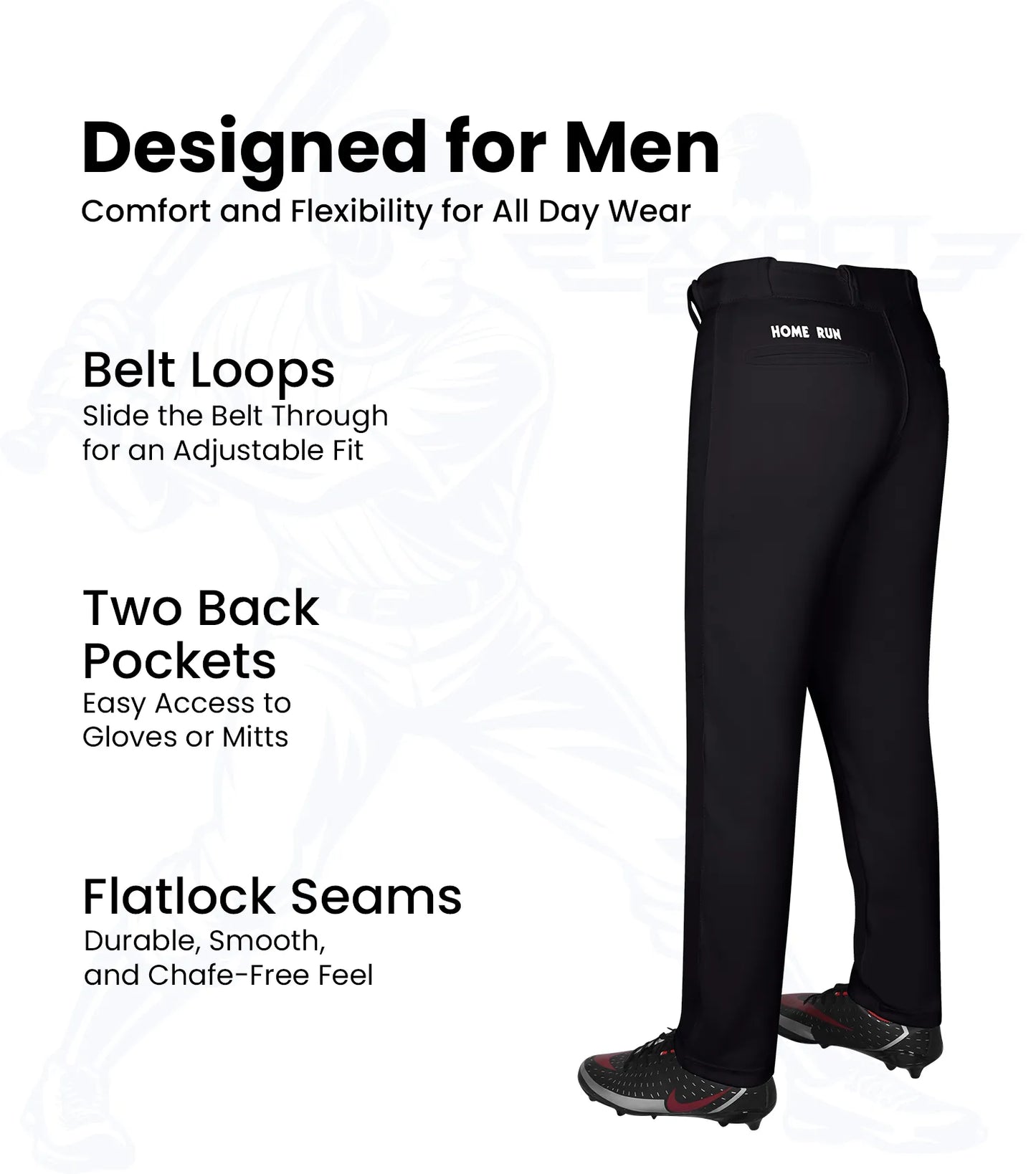 Homerun Men's Full Length Baseball Pants Without Piping (Black)